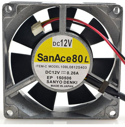 Front view of the Sanyo Denki 109L0812S403 fan, with a three-wire connector behind the frame rib, and with label in the center describing model number, specs, Country of Origin, and more.